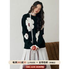 BLUEerror 撞色花朵图案慵懒圆领套头毛衣女宽松羊毛针织衫秋冬