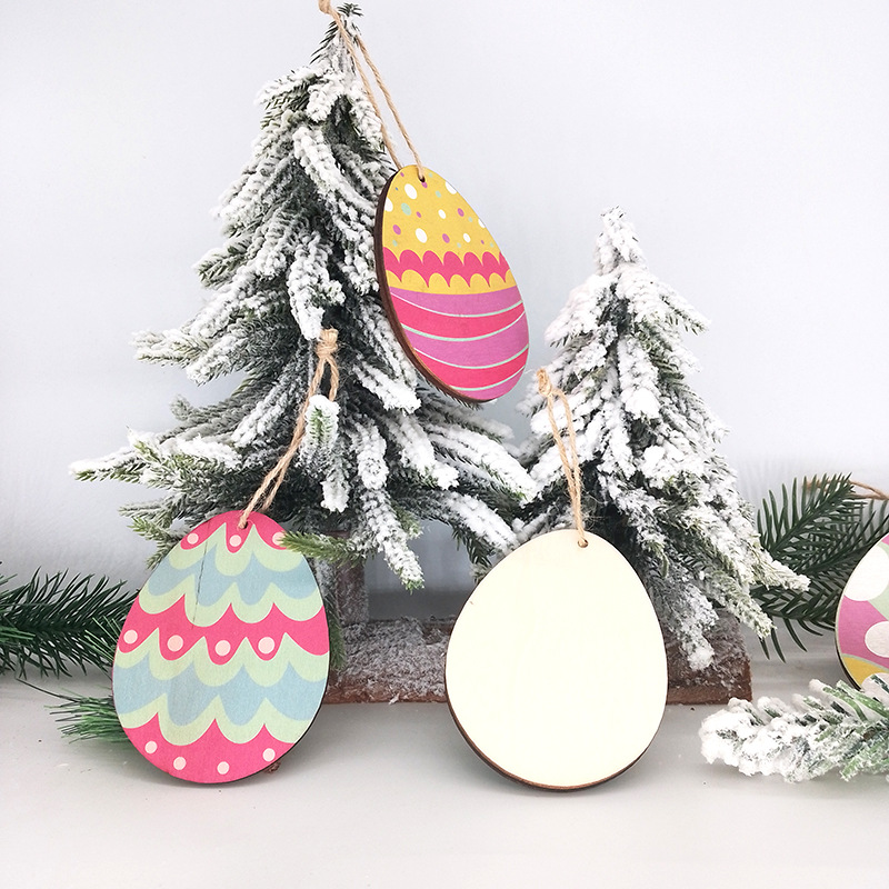 Cruz-frontera popular colgante de huevo de madera uv impresión decoración de pascua oval artesanía de madera huevo de colores chip de madera