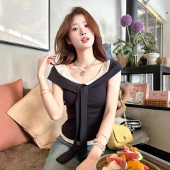 【260gレーヨンモーダル】V字ステッチコントラストカラー半袖Tシャツレディース新作スリムフィットフェイクツーピーストップス夏