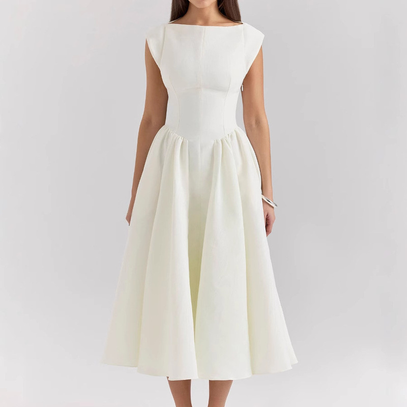 2025 European and American Spring and Summer Backless Round Neck Sleeveless Vessel Skirt Women's French Niche Mid-length dress Solid Color Cross-border 2025 European and American Spring and Summer Backless Round Neck Sleeveless Vessel Skirt Women's French Niche Mid-length dress Solid Color Cross-border