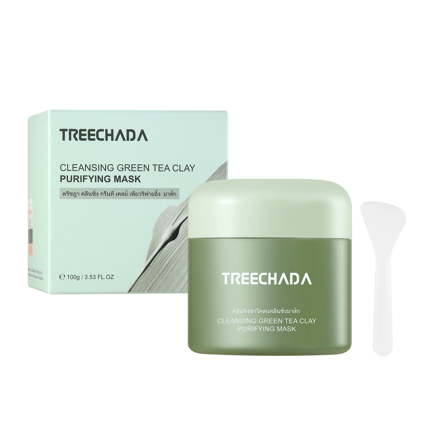Cleansing green tea clay mask (TREECHADA), 100 g/ml — purifying, pore‑shrinking