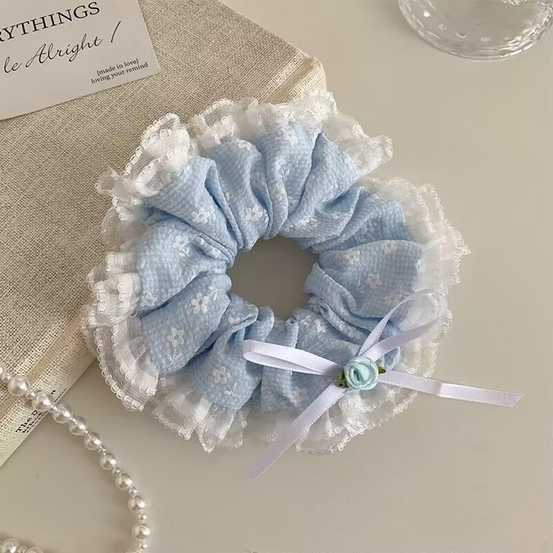 파란 꽃 리본 머리끈