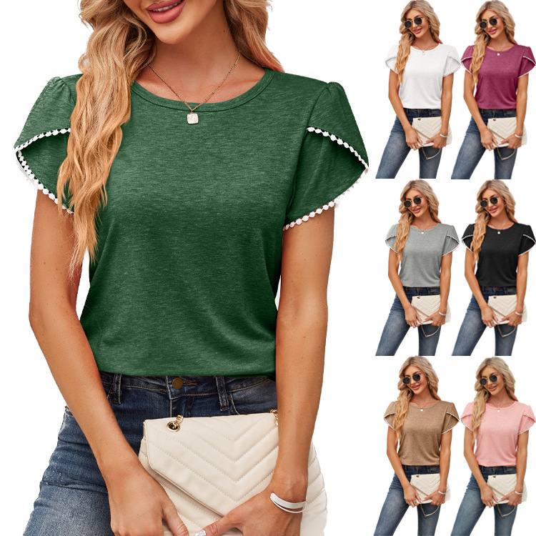 2024 spring and summer New Amazon popular women's stitching short-sleeved shirt round neck petal sleeve loose casual T-shirt