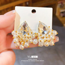 银针轻奢镶钻水滴仿珍珠耳环法式简约个性小众气质高级感耳饰女