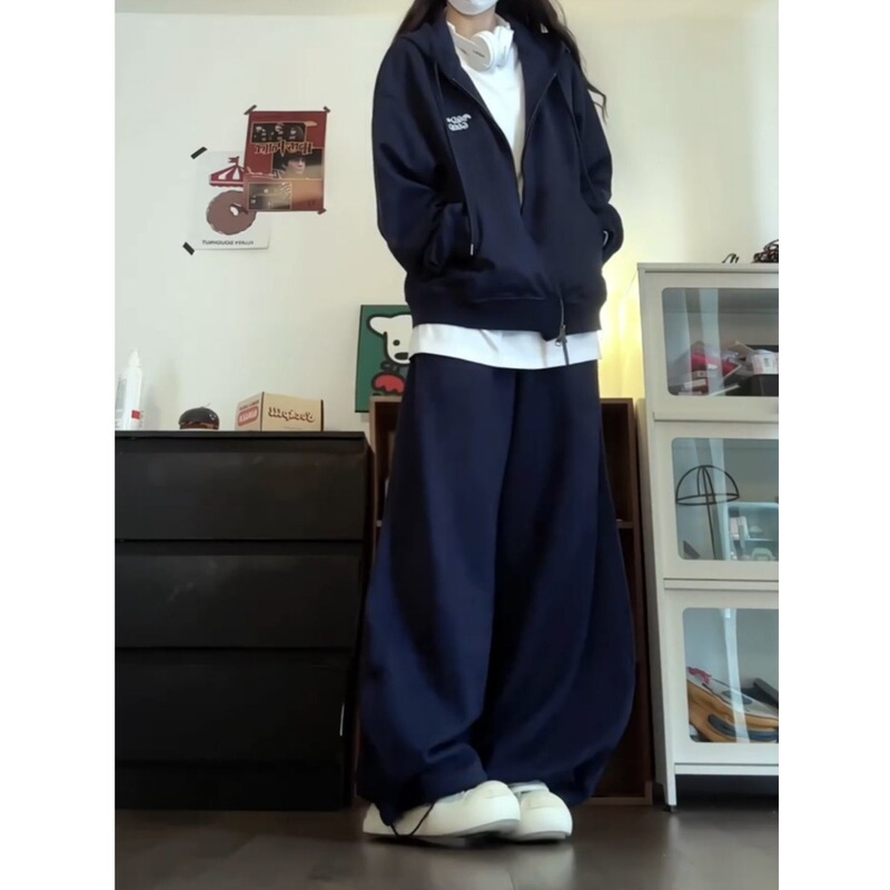 Navy Blue Hooded Sweatshirt and Sweatpants Casual Heavyweight Sports Suit for Women Autumn and Winter American Wide-Leg Pants Two-Piece Trendy Set