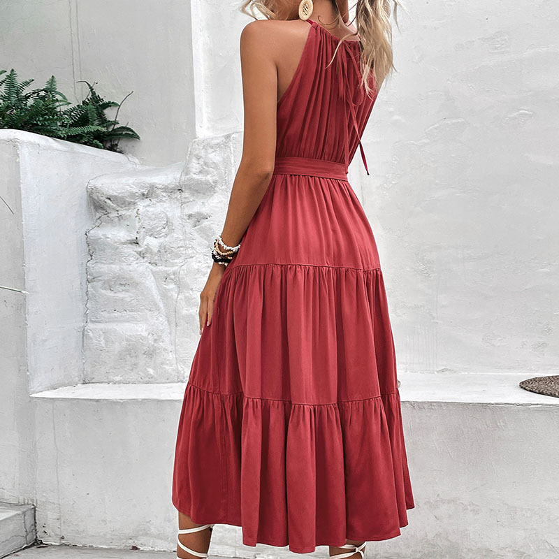 Women's backless collar solid color dress women's long._voghion.com