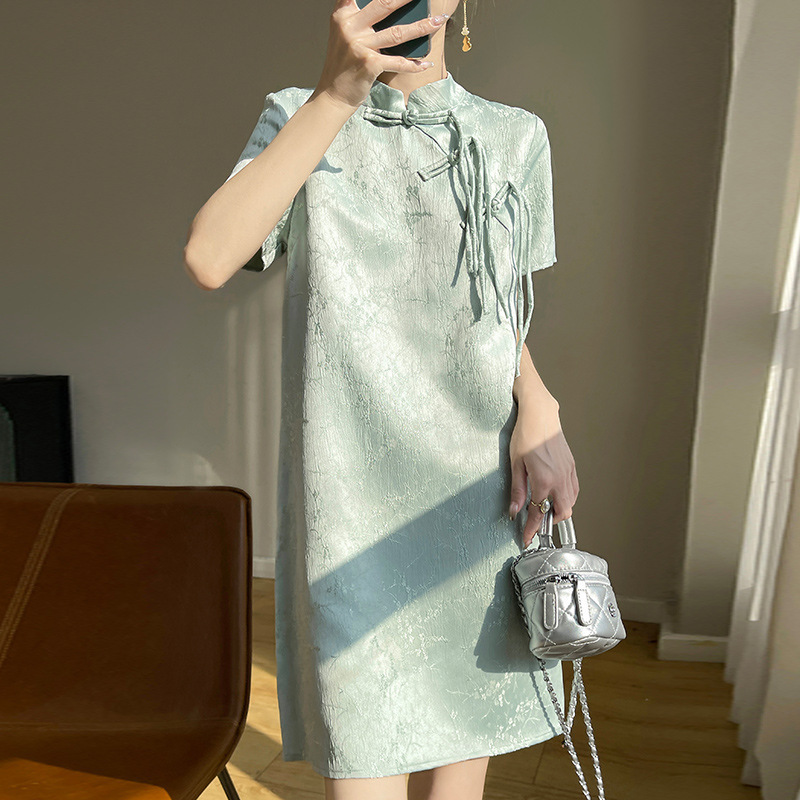 New Chinese Style Cheongsam Retro Dress Women's Silk Satin Jacquard Elegant Versatile Casual Simple Long Skirt