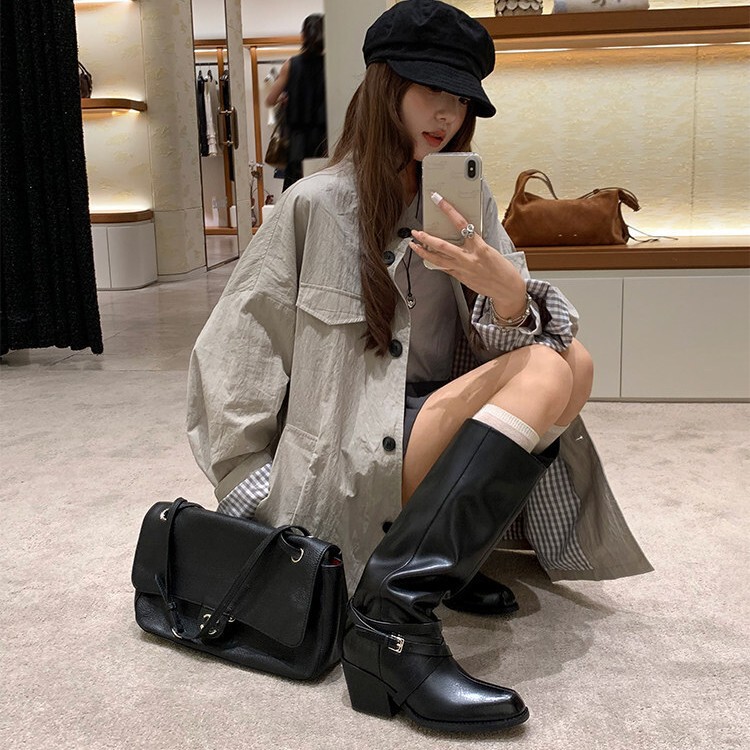 [in Stock] Muse Lace-Up Boots ~ Pointed Toe 6cm Chunky Heel Mid-High Motorcycle Boots Women's Riding Boots Long Boots