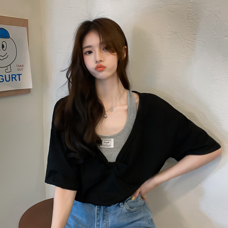 Women's T-shirt Off Shoulder Bubble Sleeve Colour Blocking Top_voghion.com