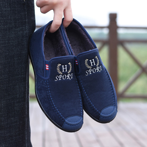 Old Beijing cloth shoes men's winter Korean version warm slip-on thickened casual cotton shoes canvas cotton shoes flat bottom work shoes
