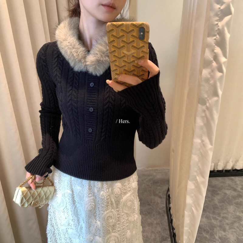 Hers One Scoop Sweet Autumn and Winter Retro Casual Style Twist Fur Collar Warm Sweater Women 92754 (Detachable Fur Collar)