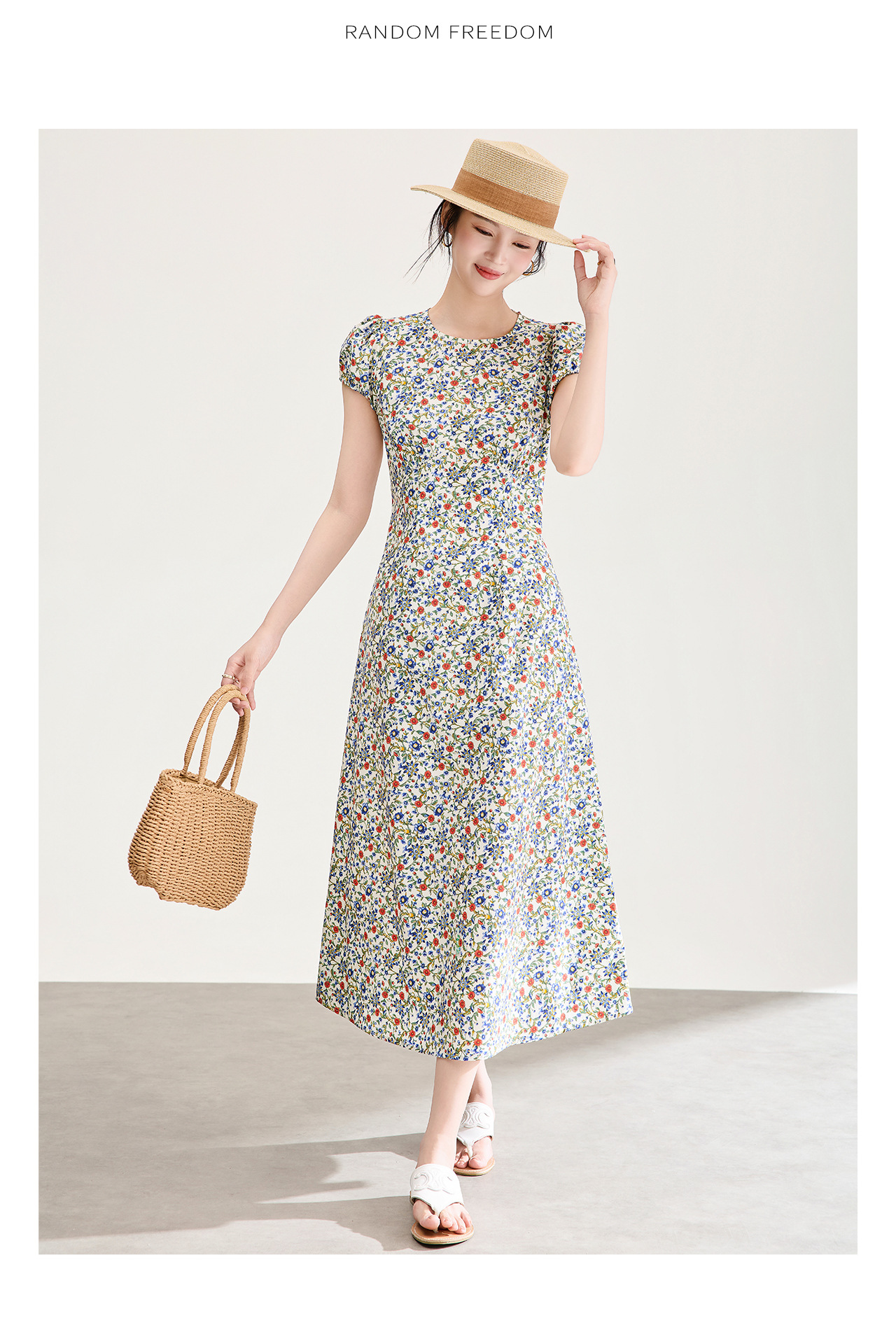 Đầm maxi nữ thắt eo cổ tròn tay bồng họa tiết hoa nhí — màu sắc chi tiết 15