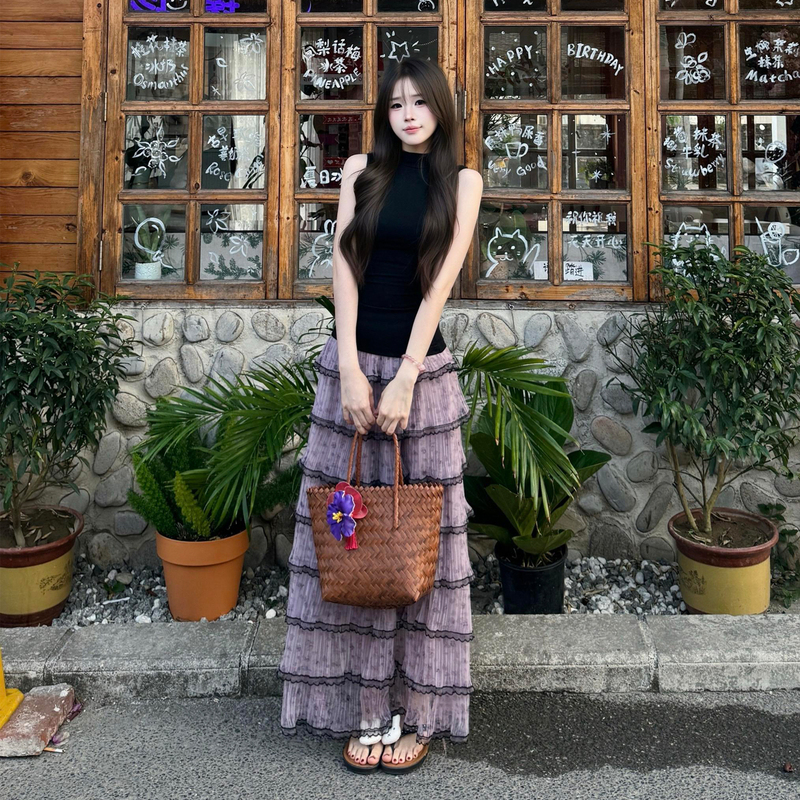 Purple cake skirt for petite women, new summer long skirt, A-line high-waisted slimming lace trim puffy skirt Purple cake skirt for petite women, new summer long skirt, A-line high-waisted slimming lace trim puffy skirt