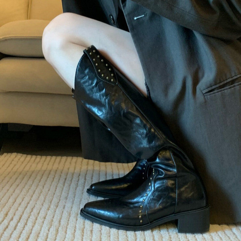 软皮版~V口铆钉尖头西部牛仔靴不过膝靴子高跟长筒靴女高筒骑士靴|undefined