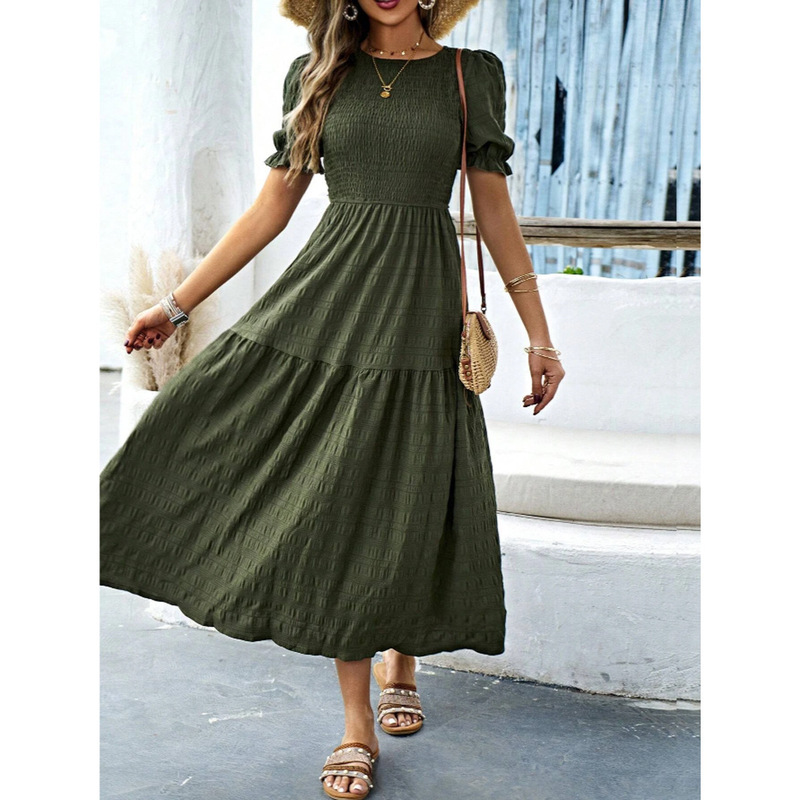 Cross-border 2024 Europe and the United States summer new leisure LUNE bubble sleeve parallel crepe seam flounce hem dress