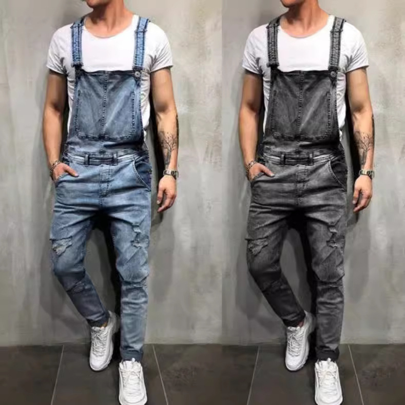 Amazon nuevos hombres casuales estilo coreano jeans suspender jumpsuit retro Pantalones