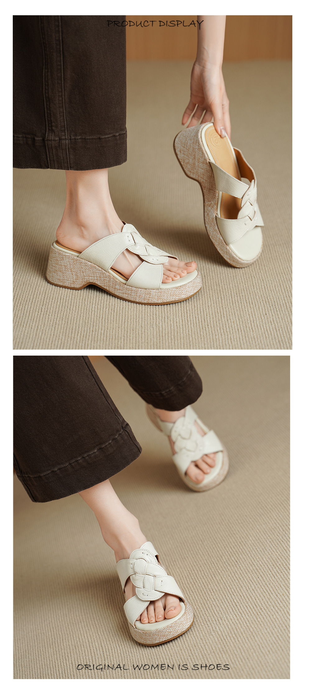 Sandal nữ da cừu gót xuồng hở mũi phong cách vintage — màu trắng ngà chi tiết 5