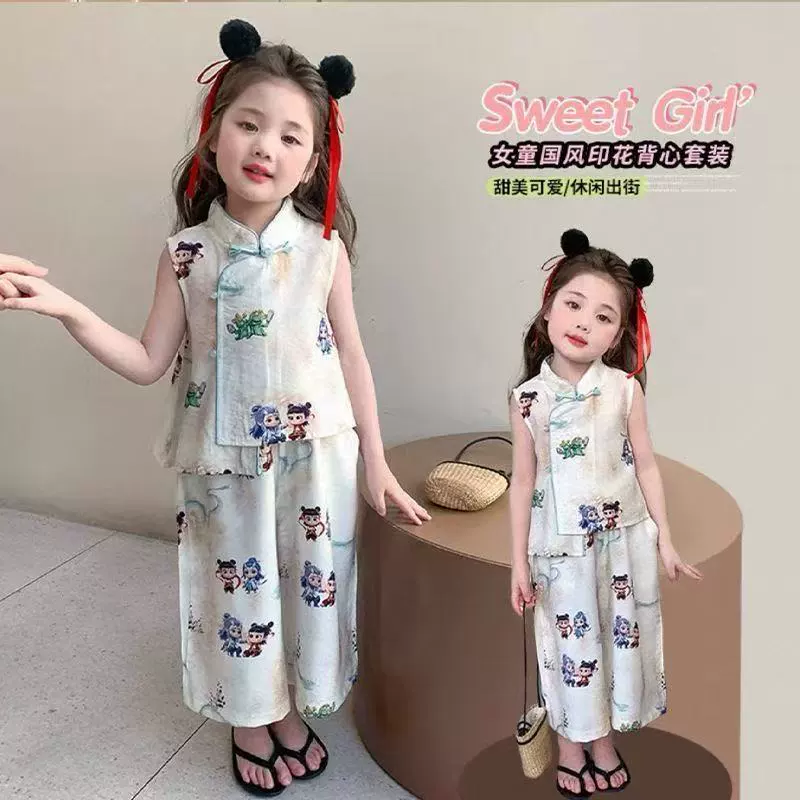 Детский костюм в китайском стиле для девочек 2025 года, летний, короткий рукав, без рукавов, модный комплект из двух предметов, стиль Незя.