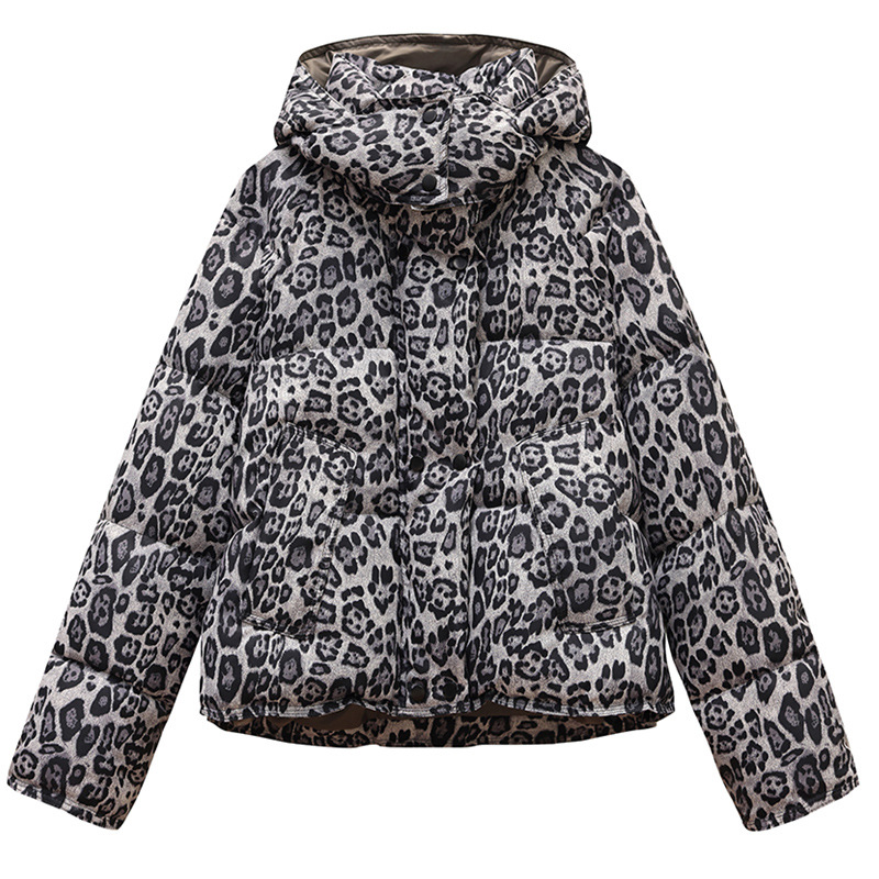 Transfronterizo 2025 otoño y invierno nuevo modelo europeo y americano leopardo abrigo de algodón mujer gruesa chaqueta corta con capuz abrigo de plumón