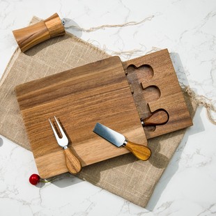 Acacia Wood Cheese Box Solid Wood Cutting Board Custom Drawer Type Multi-Purpose Cheese Knife and Fork Set Bamboo Wood Square Cutting Board