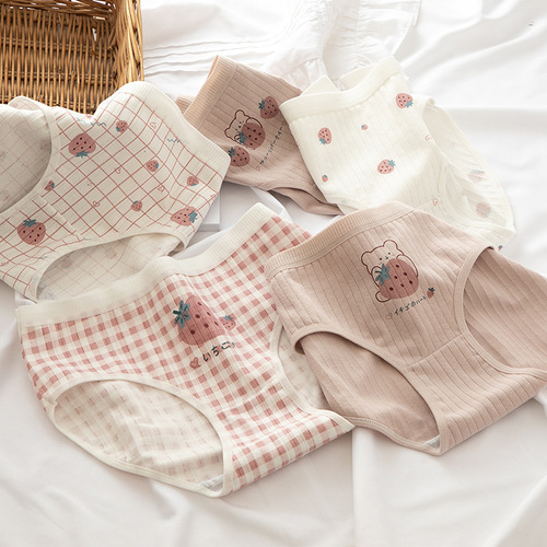 [Quality] Chunyi women's underwear pure cotton mid-waist large size triangle sweetheart strawberry girl plaid pink girl