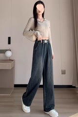 春秋新款弹力牛仔裤女松紧高腰宽松显瘦时尚百搭少女感直筒裤
