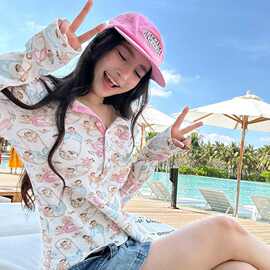 新款童趣别针印花休闲亨利t恤女秋时尚百搭修身长袖上衣跨境批发