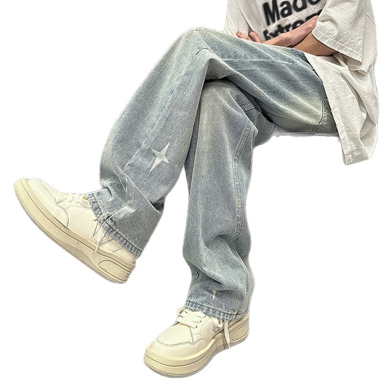 Men's Washed Retro Denim Jeans Straight Leg Loose Fit High Street Style Slimming Long Pants Trendy Casual Wear_mkmklike.com