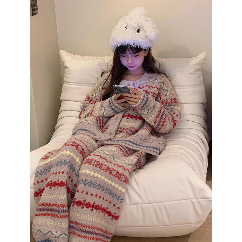 高级感休闲风半边绒睡衣女秋冬新款加厚大码条纹珊瑚绒家居服套装|undefined