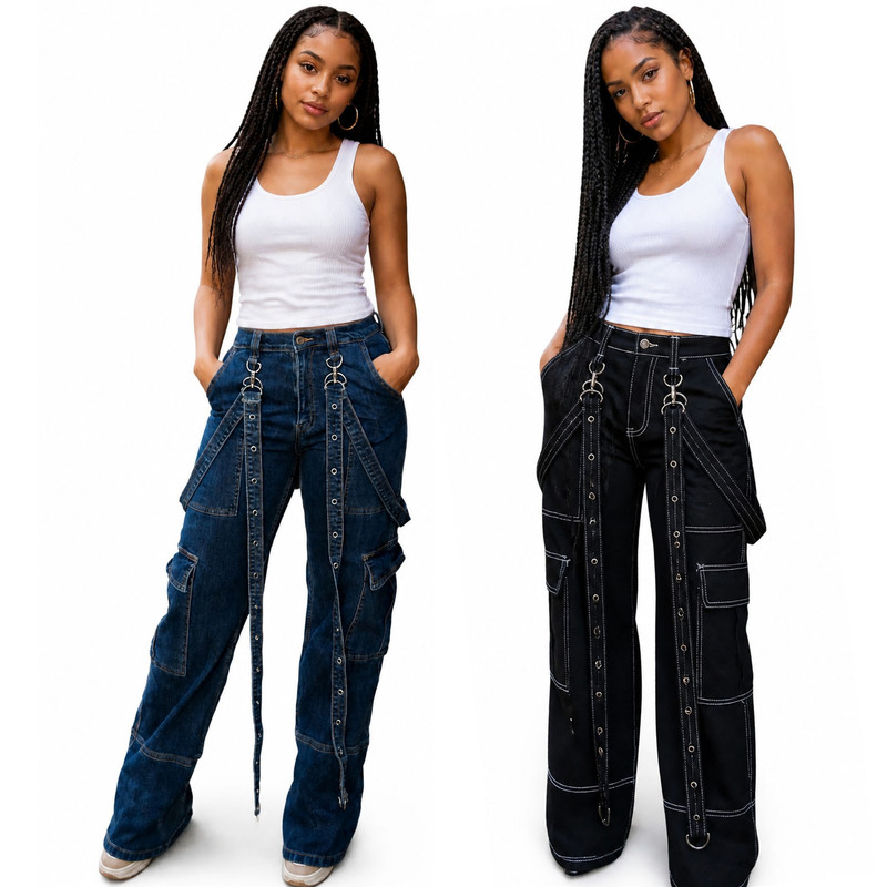 In stock! 60811 New European and American style women's accordion pocket cargo pants with suspenders, loose casual denim long pants