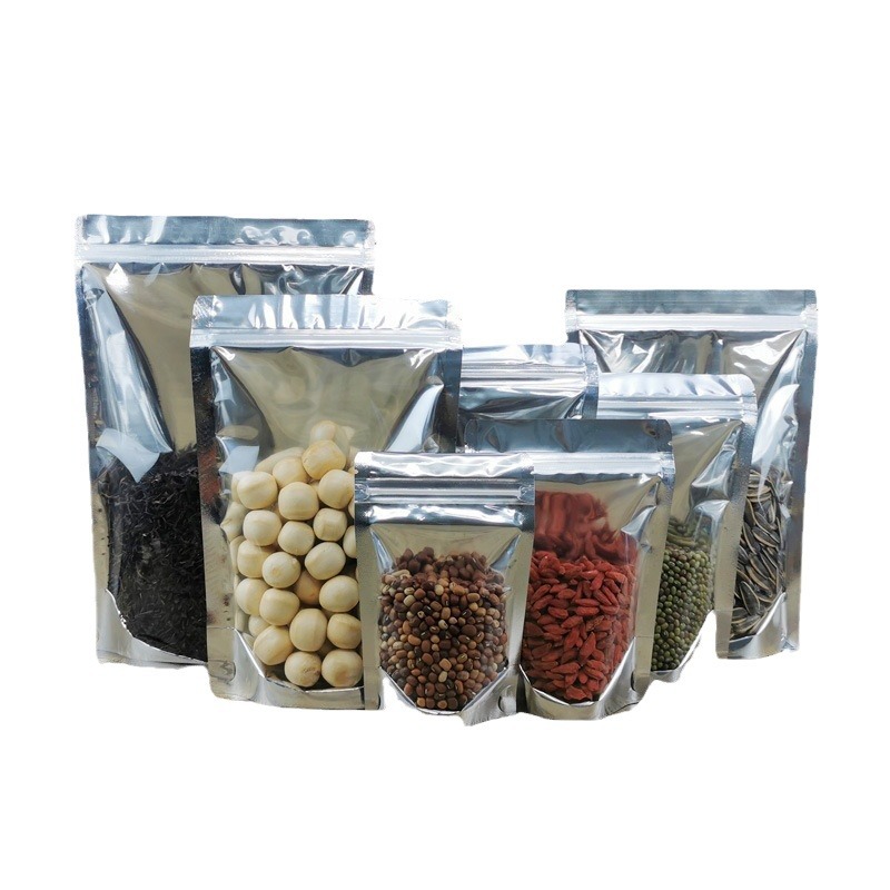 Bolsa ziplock chapada en aluminio, bolsa de papel de aluminio, ventana abierta, bolsa autoportante, línea de datos translúcida, bolsa sellada de grado alimenticio, bolsa ziplock plateada