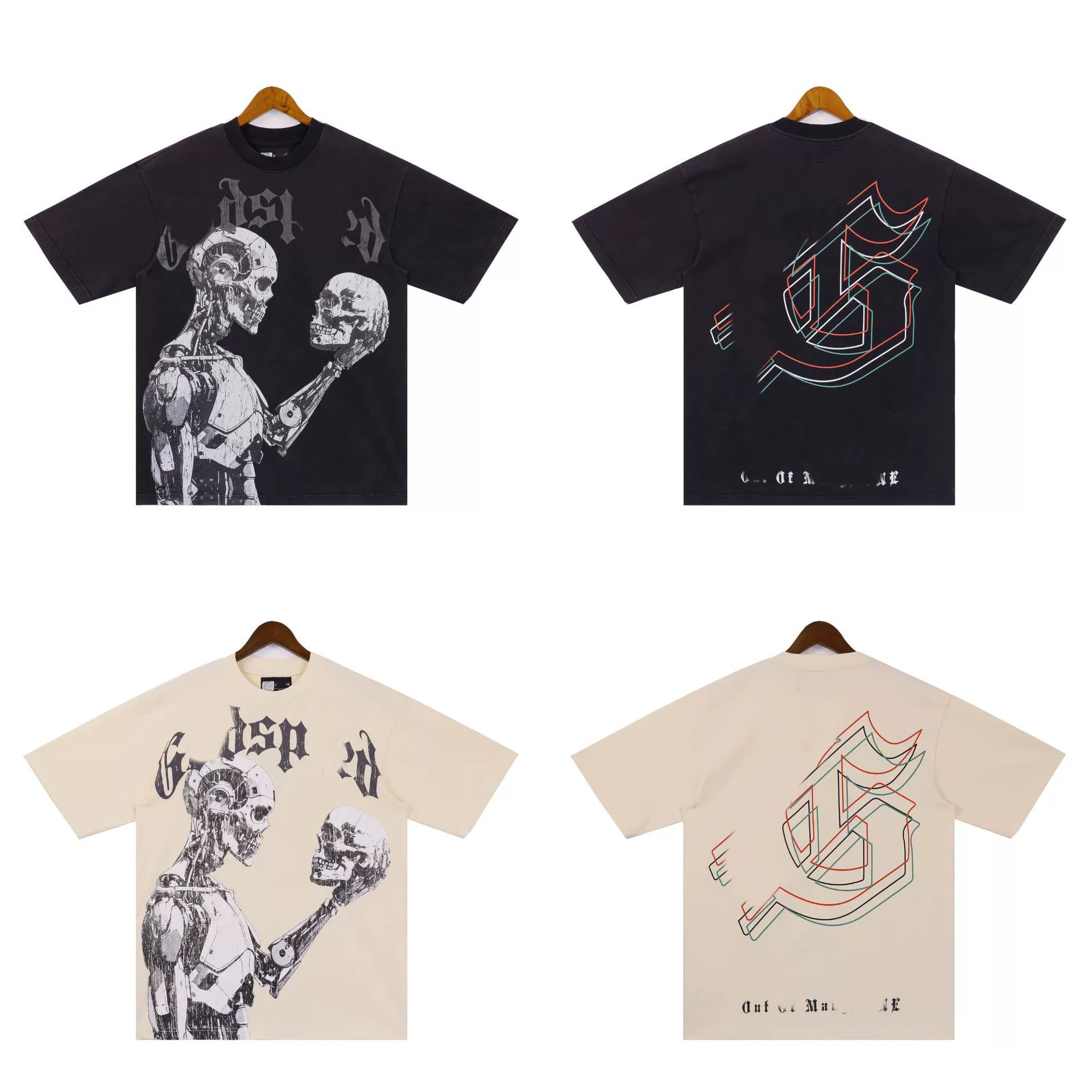 Европейская и американская трансграничная стираная футболка GODSPEED с рисунком черепа и робота, модная повседневная мужская футболка с короткими рукавами