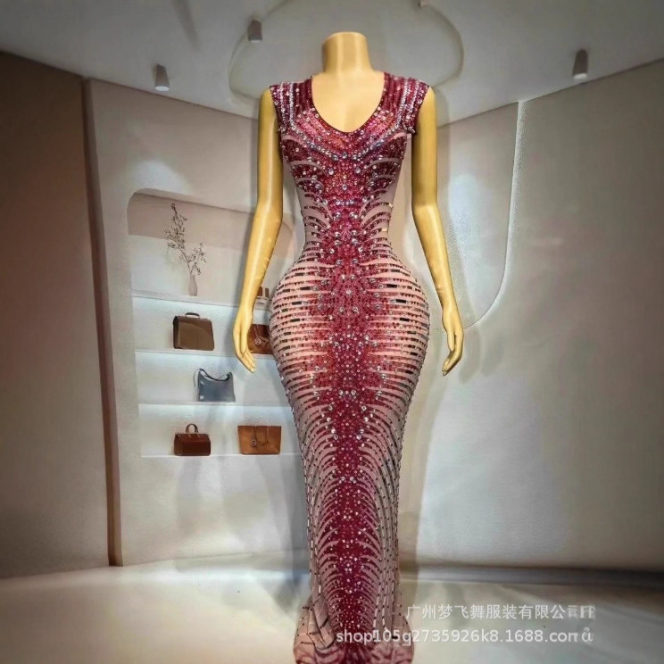 Sexy Stage Dress with Red Rhinestones and Silver Sequins, Party Costume, Birthday, Celebrity, Table