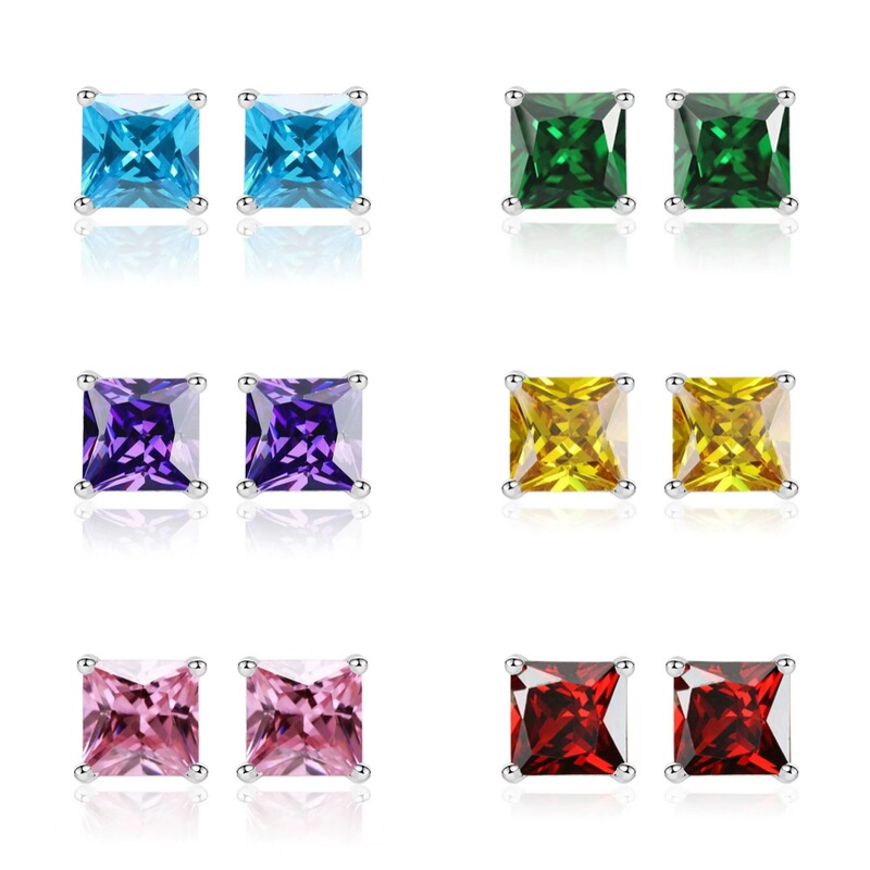 Colorful Square Diamond Earrings for Women, Colorfuled Gemstones 6mm Square Four-Claw Single Diamond Earrings for Women, Genuine Export Cross-Border