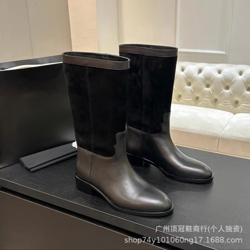 高版小香2025秋冬新款真皮底拼色粗跟圆头平底麂皮中筒马丁短靴女|undefined