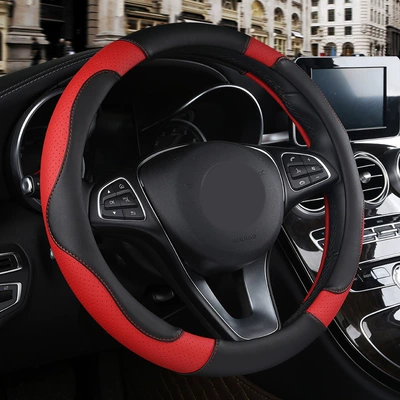 YY620 Danny Leather Perforated Car Steering Wheel Cover for All Seasons, Odorless Eco-Friendly Sport Grip Cover, White Inner Ring (Steering wheel cover) - xf620-black-and-red-38cm
