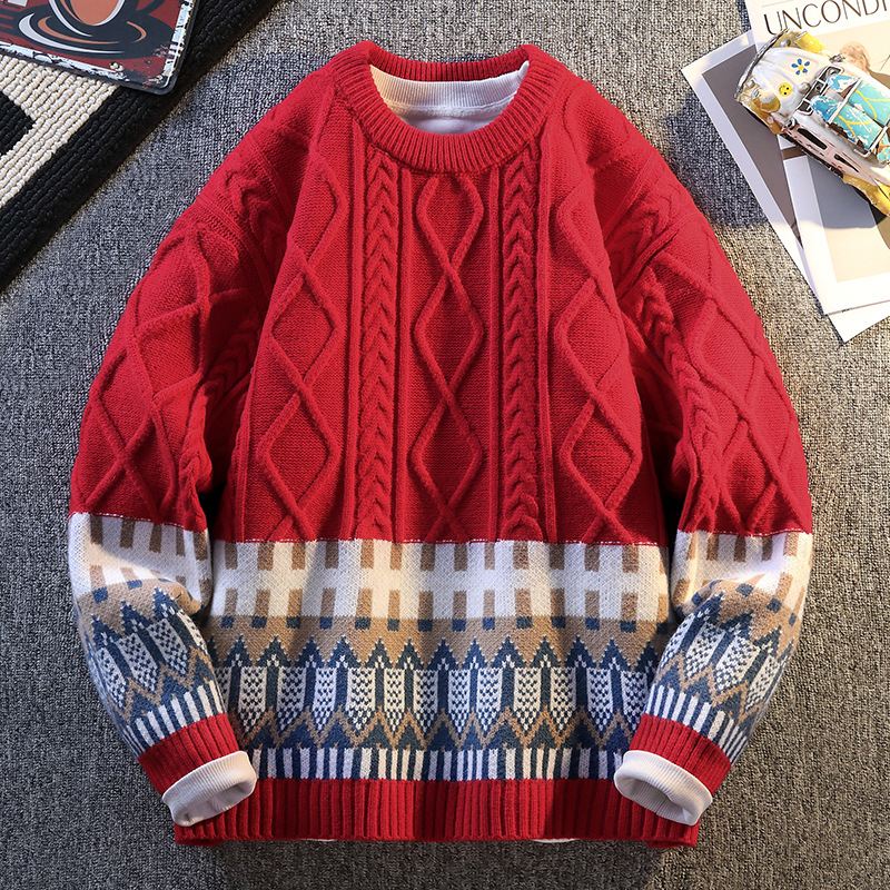 Herren-Langarm-Strickpullover, lässig, locker geschnitten, Rundhalsausschnitt, Polyester-Kaninchenwollmischung, Herbst-Winter-Mode mit Emblem-Design_voghion.com