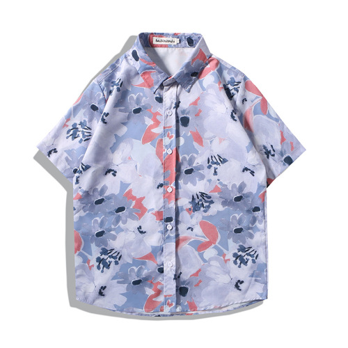 Hawaiian Flower Shirt Men's Short Sleeve Loose Plus Size Beach Shirt Set Couples Hong Kong Style Retro Trendy Cool Attire