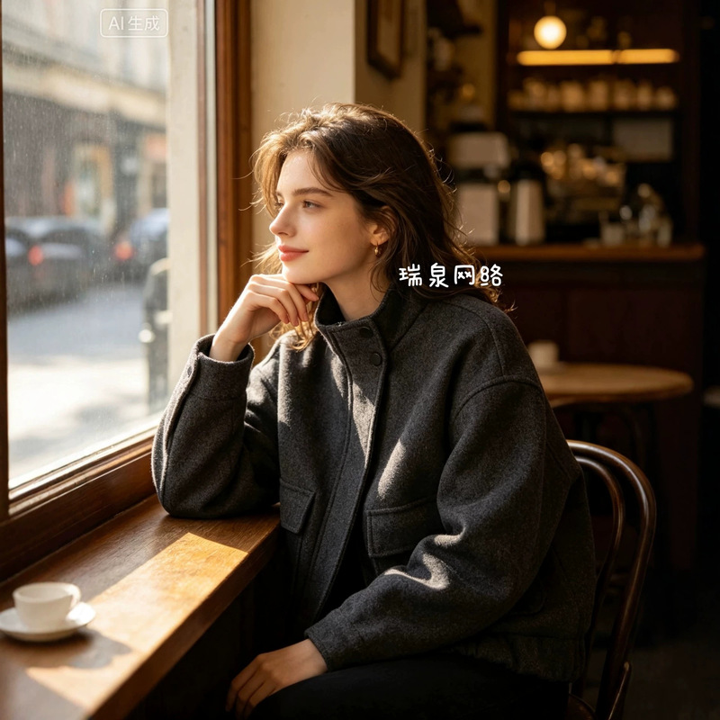 Cross-Border 2026 Korean Version Autumn and Winter New Style Stand Collar Niche Short Lazy Style Loose Stand Collar Zippered Woolen Coat