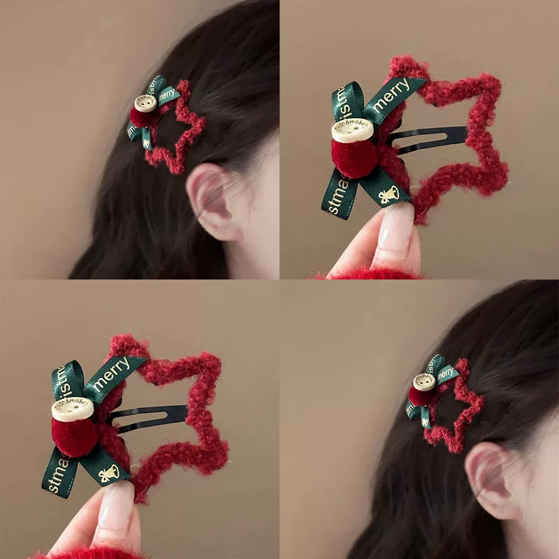 Red hairgrip, bangs with bow, hair accessory