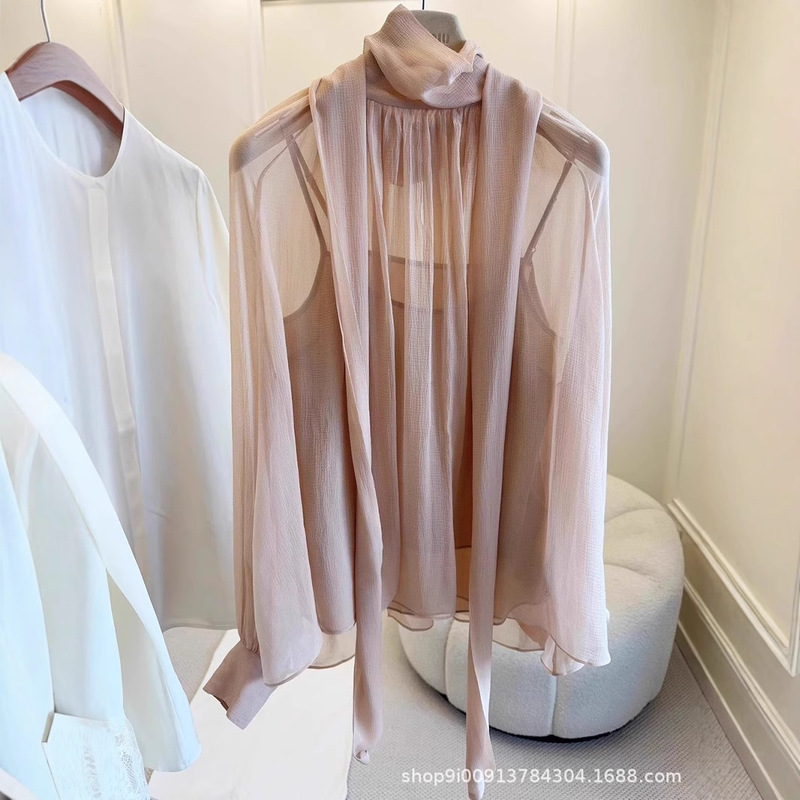 Fairy French Style Women's High-Quality Elegant Flowing Orange-Pink Ribbon Flared Shirt