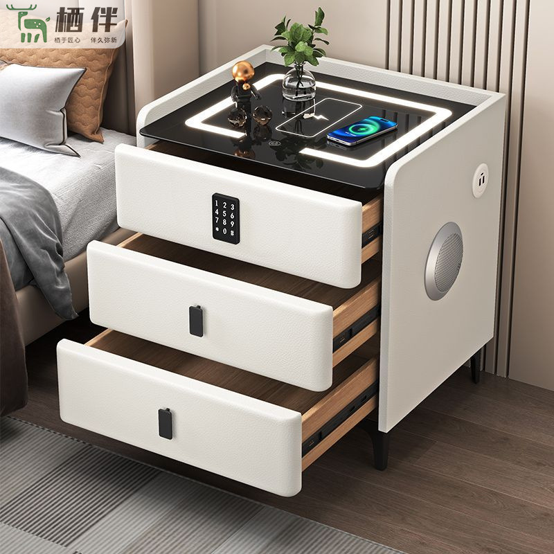 Solid Wood Smart Bedside Table Modern Simple Password Lock Bedroom Home Multi-Functional Wireless Charging Light Luxury Bedside Table