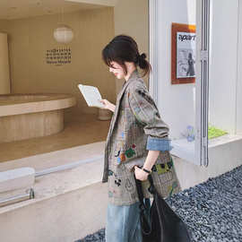 灰色格子西装外套女春秋206新款设计感炸街宽松休闲涂鸦印花西服