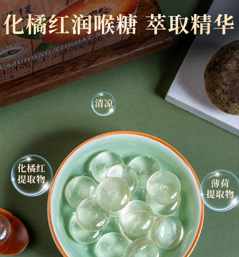 Huazhou Tangerine Peel Throat Lozenges Hua Ju Hong 70g Herbal Candy with Mint key features