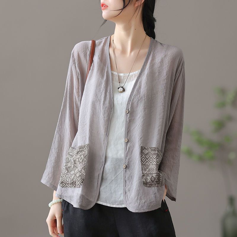 Retro-style thin cotton and linen cardigan, V-neck short jacket, new summer style, loose, casual, versatile, sun-protective top.