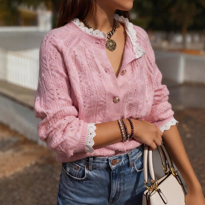 Autumn and Winter Elegant, Fashionable, Casual and Comfortable Home Pink Lace Metal Button Long-Sleeved Translucent Thin Sweater