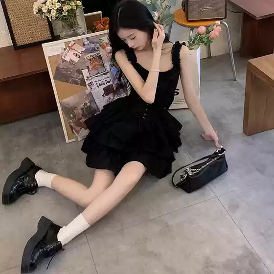 Women's Black Chanel-Inspired Ruffled Camisole Dress, French Tiered Mini Summer Dress, Trendy Party Dress