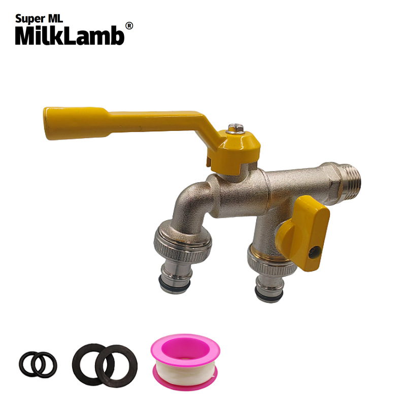 Cross-border exclusive 1/2 garden double water outlet brass faucet, one in and two out double pacifier brass faucet full figure