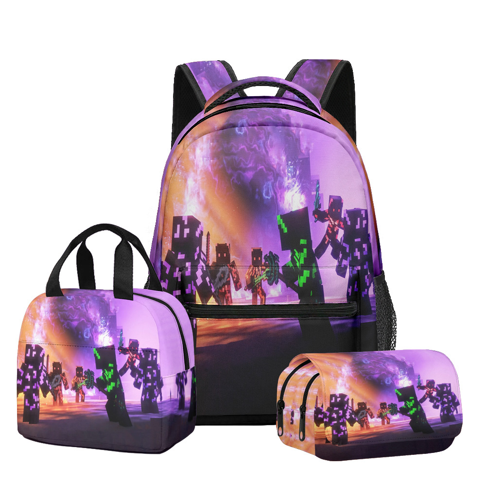 Nuevo producto 3D My World Minecraft mochila de estudiantes de primaria y secundaria bolsa de almuerzo bolsa de bolígrafo doble tres piezas set