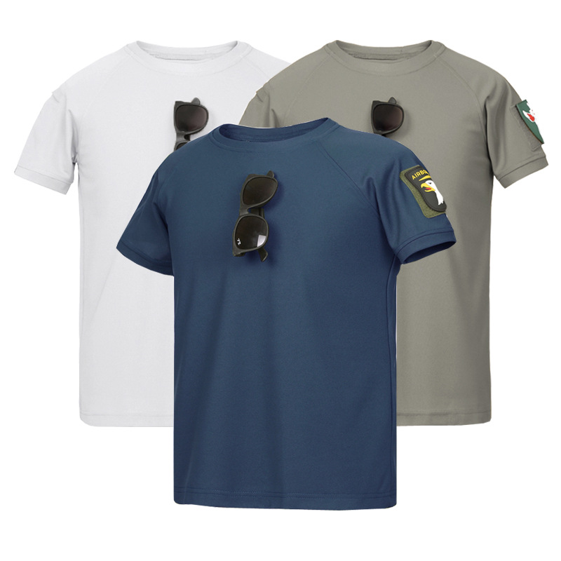 Camiseta de manga corta elástica al aire libre, secado rápido, camiseta de entrenamiento transpirable de malla de verano para hombres, camiseta de cuello redondo táctica suelta, manga corta
